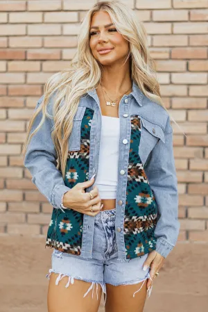 Blue Aztec Printed Denim Jacket