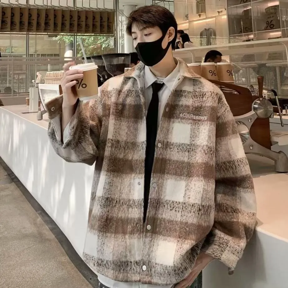 Bonsir mens outfits 2024 Autumn and Winter New American Retro Contrast Color Plaid Cardigan Coat Men's Lazy Casual Loose Woolen Top