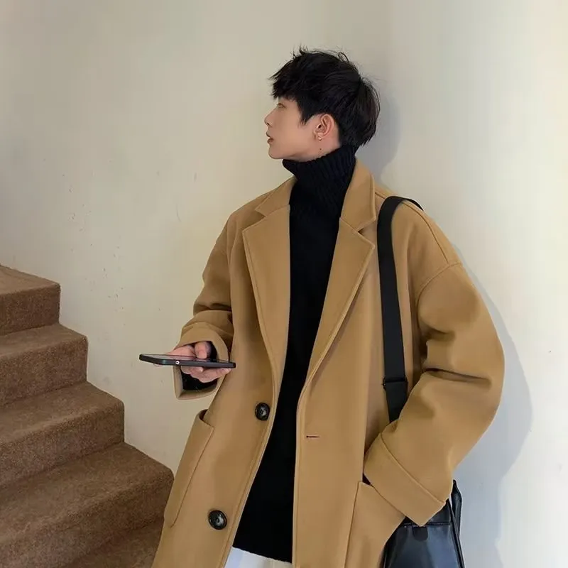 Bonsir old money outfits men Woolen Overcoat Men's Mid-Length Winter High-Grade High Street Black Woolen Trench Coat Winter Thickened Coat Cotton-Padded Coat Fashion