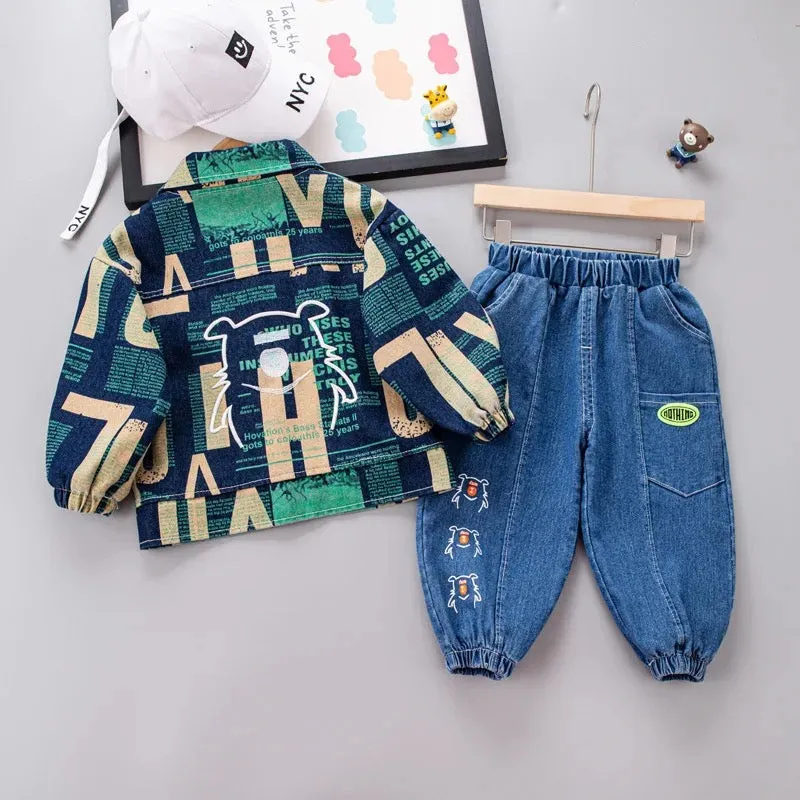 Boys Text Print Jacket, T-shirt And Jeans 3 Pcs Set