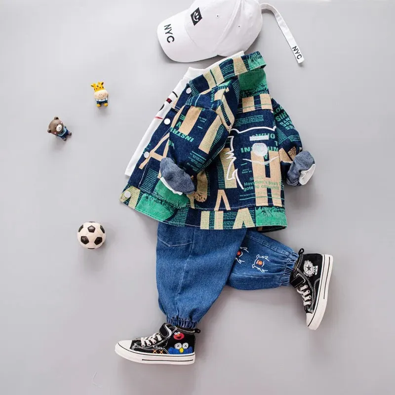 Boys Text Print Jacket, T-shirt And Jeans 3 Pcs Set