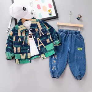 Boys Text Print Jacket, T-shirt And Jeans 3 Pcs Set