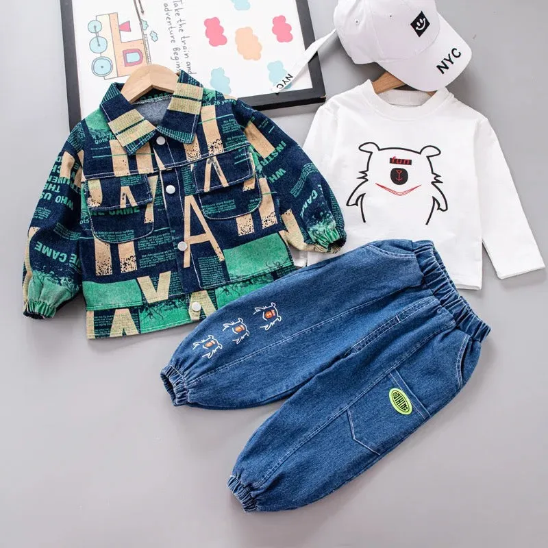 Boys Text Print Jacket, T-shirt And Jeans 3 Pcs Set