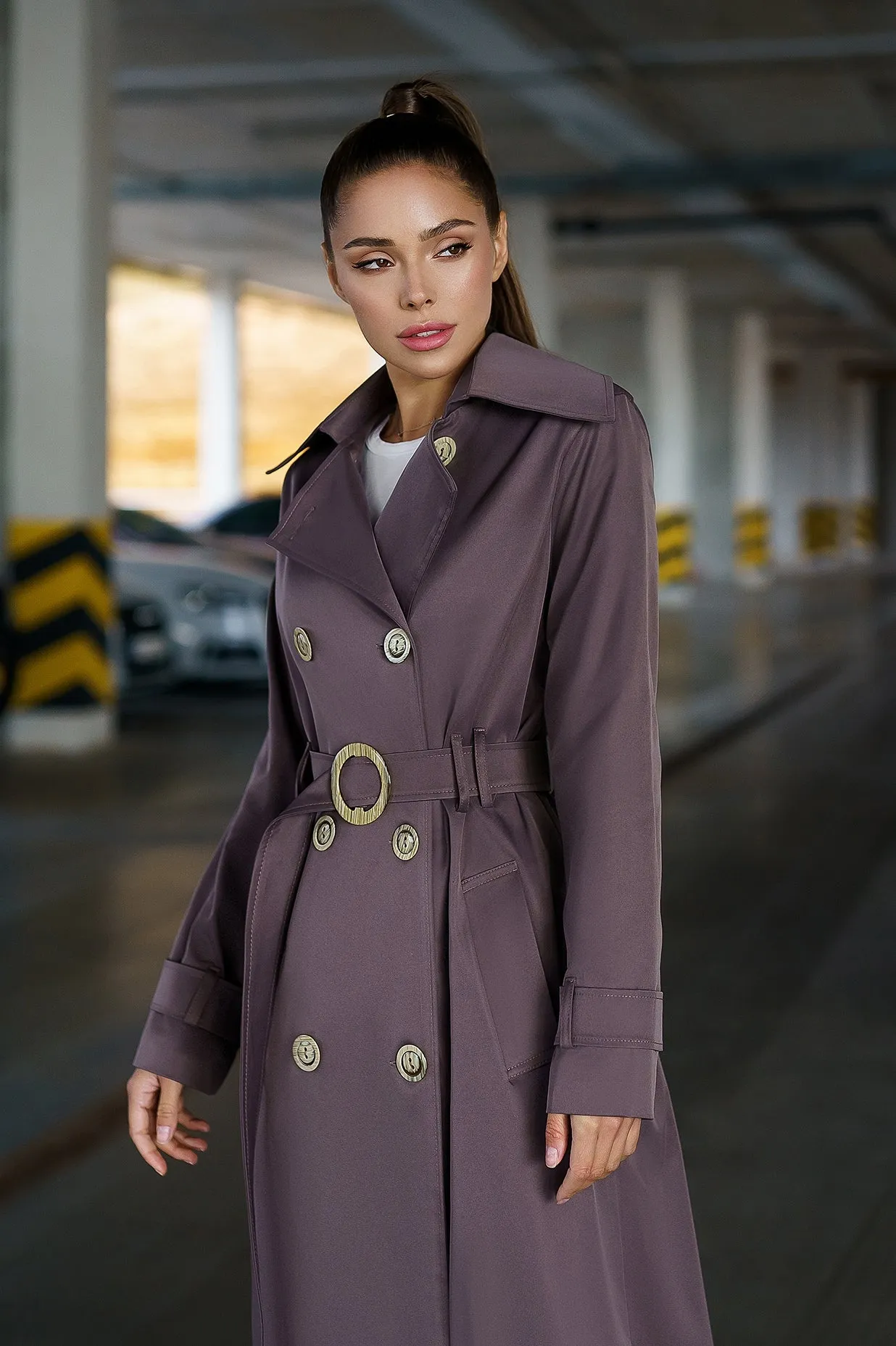 Brown Double-Breasted Belted Trench Coat