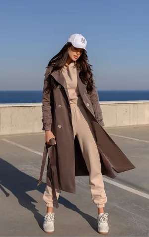 Brown Double-Breasted Belted Trench Coat