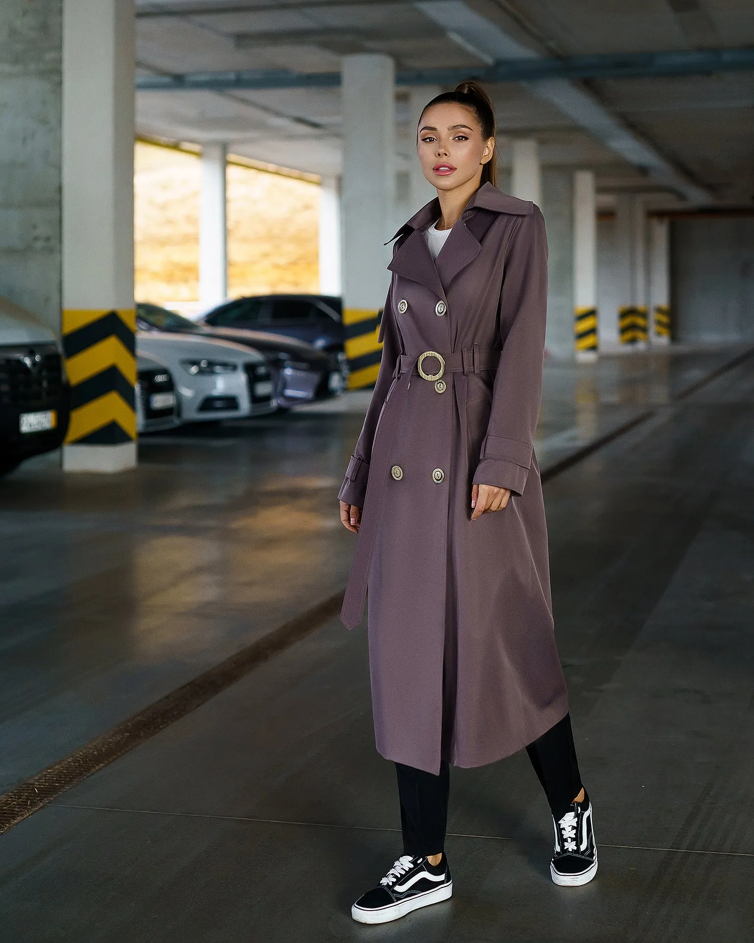 Brown Double-Breasted Belted Trench Coat