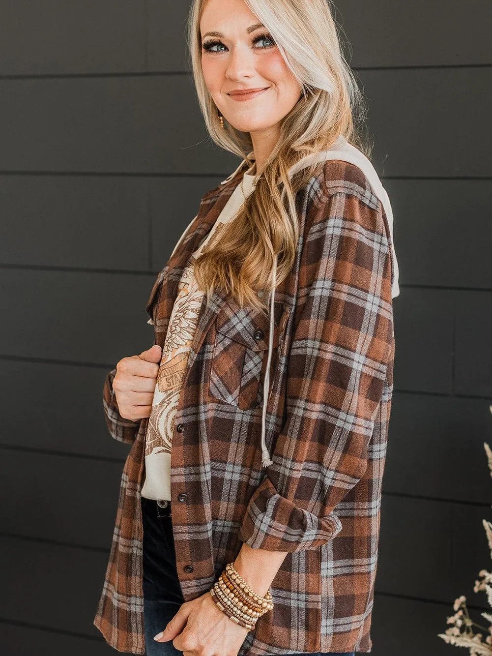 Brown Plus Size Plaid Contrast Button up Hooded Jacket