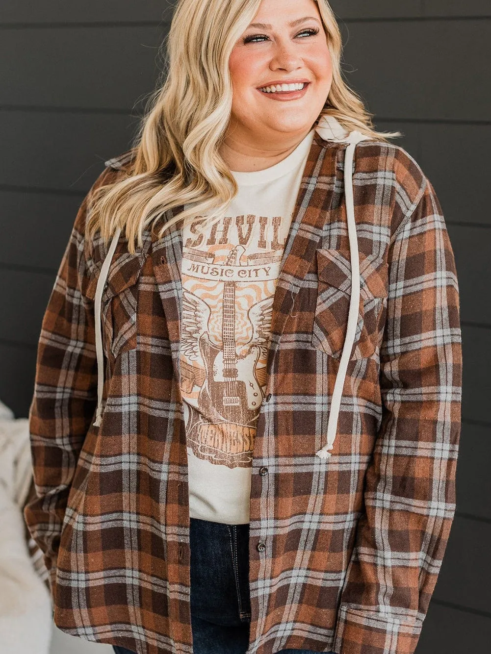 Brown Plus Size Plaid Contrast Button up Hooded Jacket