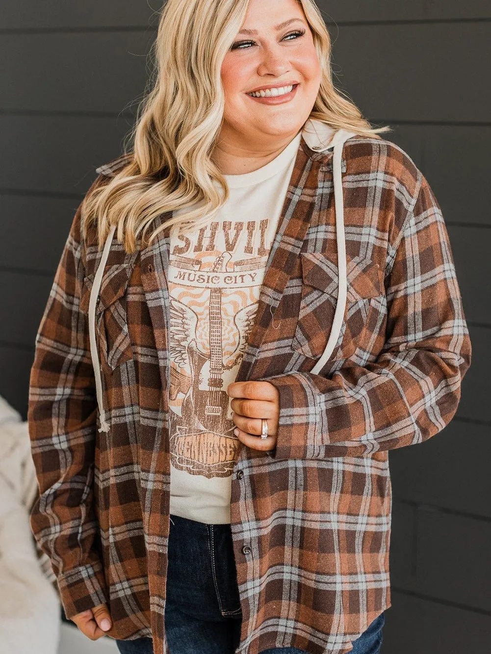 Brown Plus Size Plaid Contrast Button up Hooded Jacket