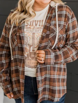 Brown Plus Size Plaid Contrast Button up Hooded Jacket