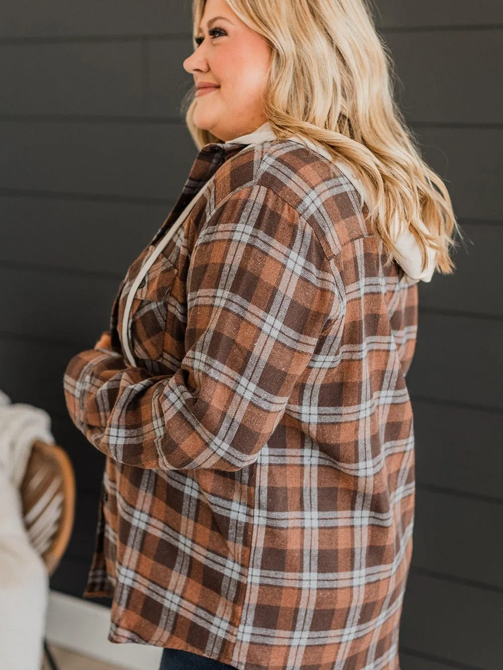 Brown Plus Size Plaid Contrast Button up Hooded Jacket