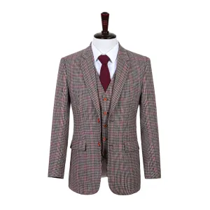 Brown Red Houndstooth Plaid Tweed 3 Piece Suit