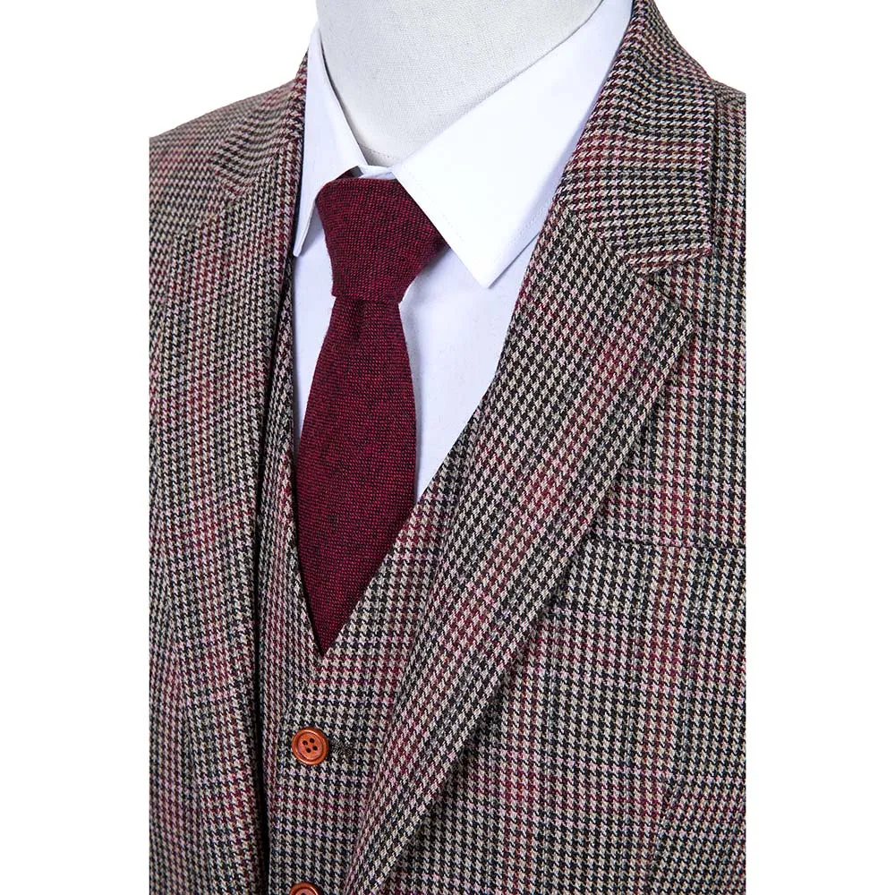 Brown Red Houndstooth Plaid Tweed Jacket