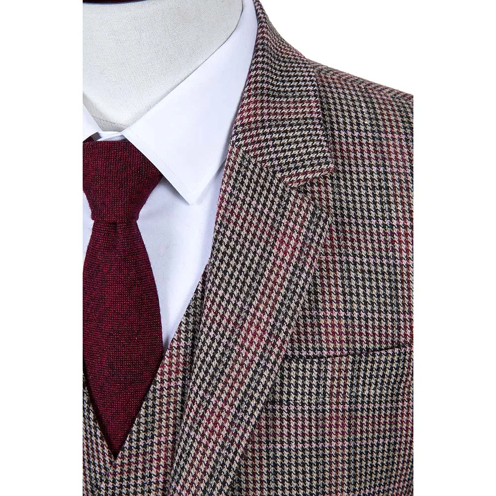 Brown Red Houndstooth Plaid Tweed Jacket