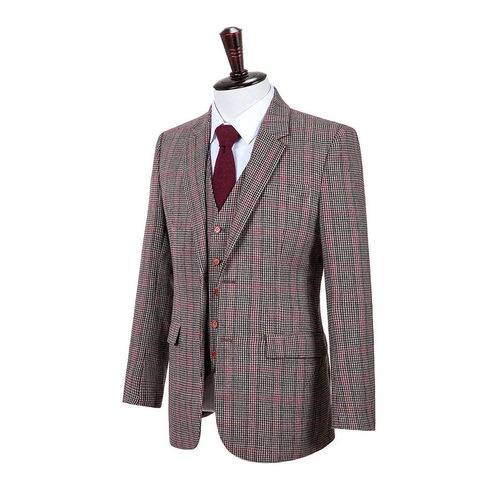 Brown Red Houndstooth Plaid Tweed Jacket