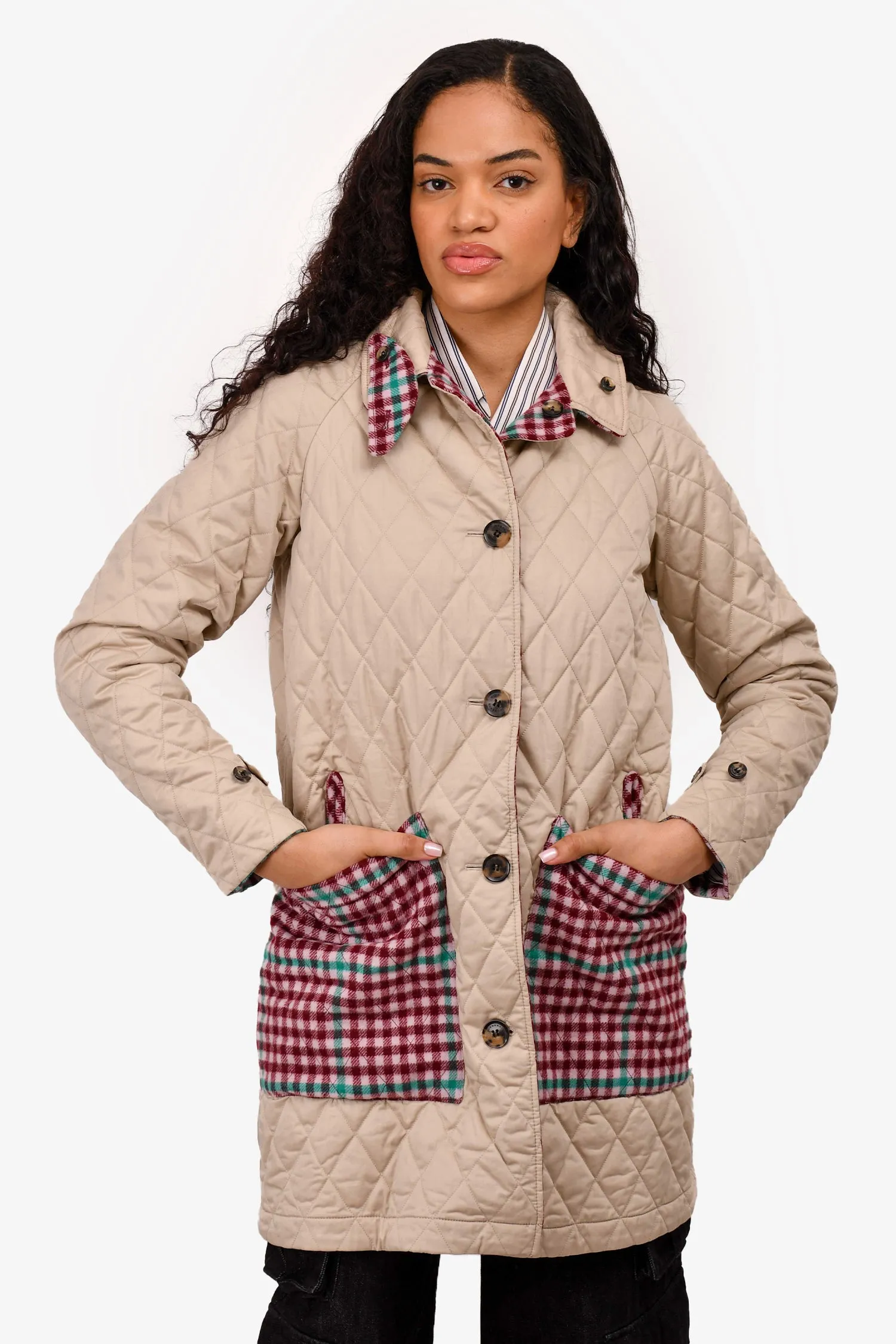 Burberry Beige/Burgundy Quilted Tartan Patterned Reversible Coat Size 14Y