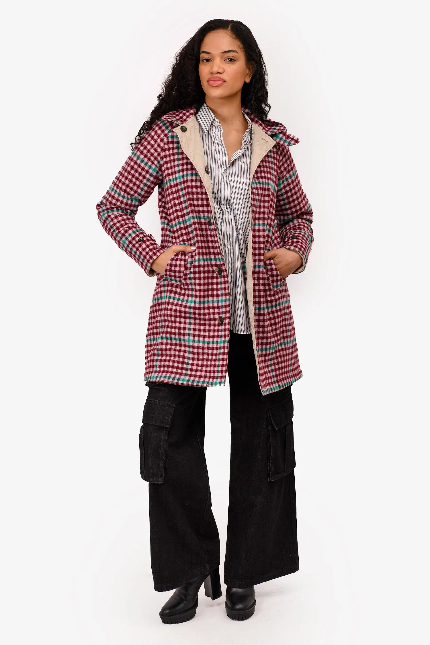 Burberry Beige/Burgundy Quilted Tartan Patterned Reversible Coat Size 14Y