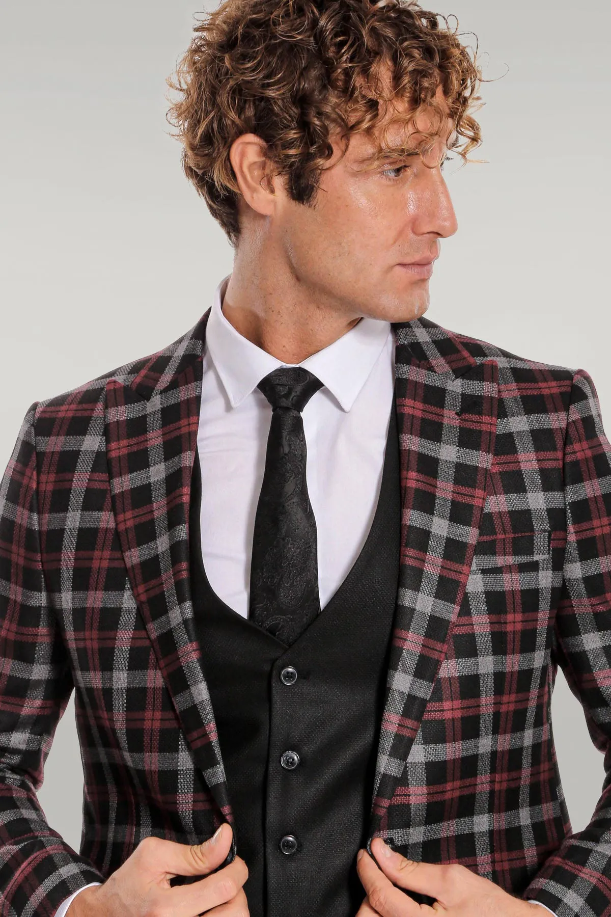 Burgundy Checked Blazer Slim Fit Black Men Suit - Wessi