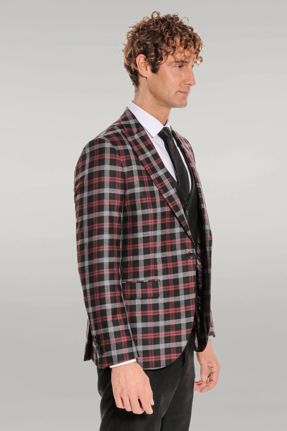 Burgundy Checked Blazer Slim Fit Black Men Suit - Wessi