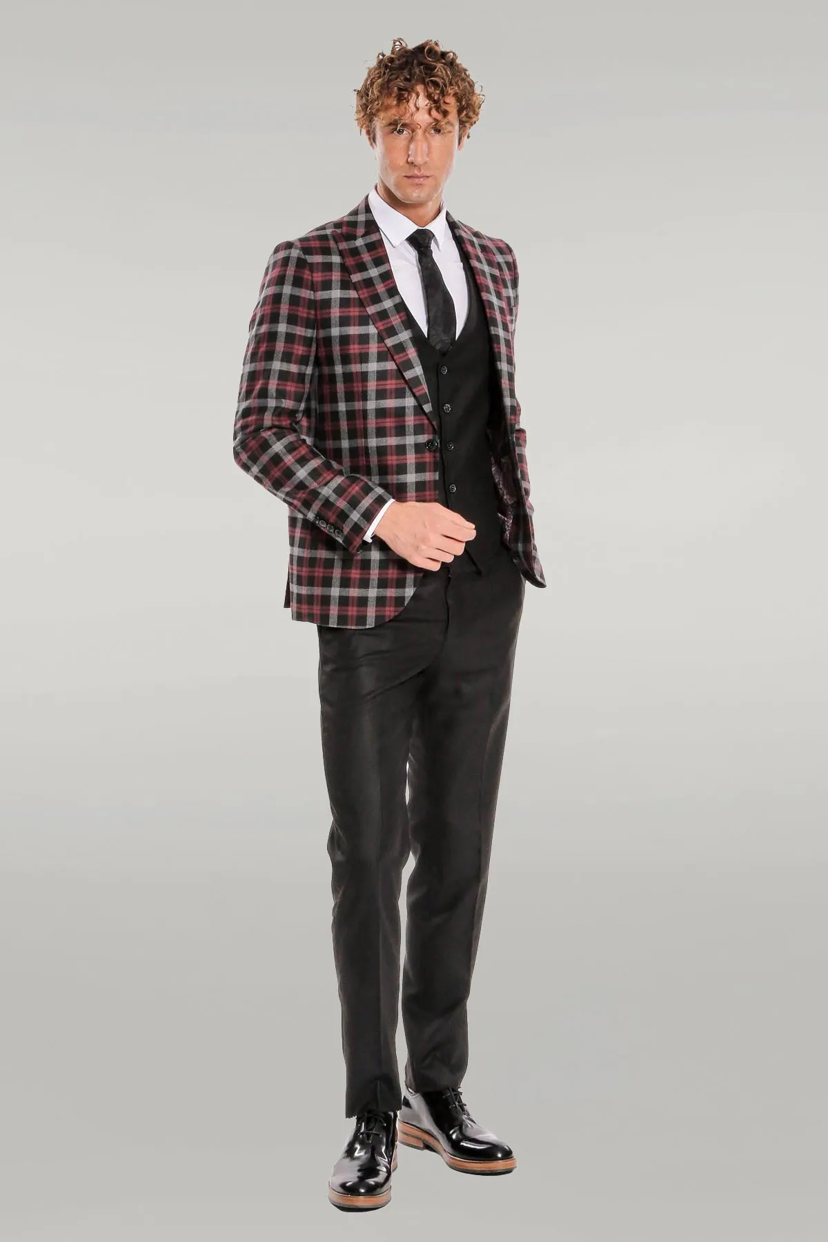 Burgundy Checked Blazer Slim Fit Black Men Suit - Wessi