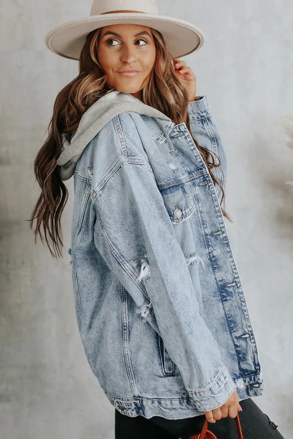 Button Closure Ripped Hooded Denim Jacket