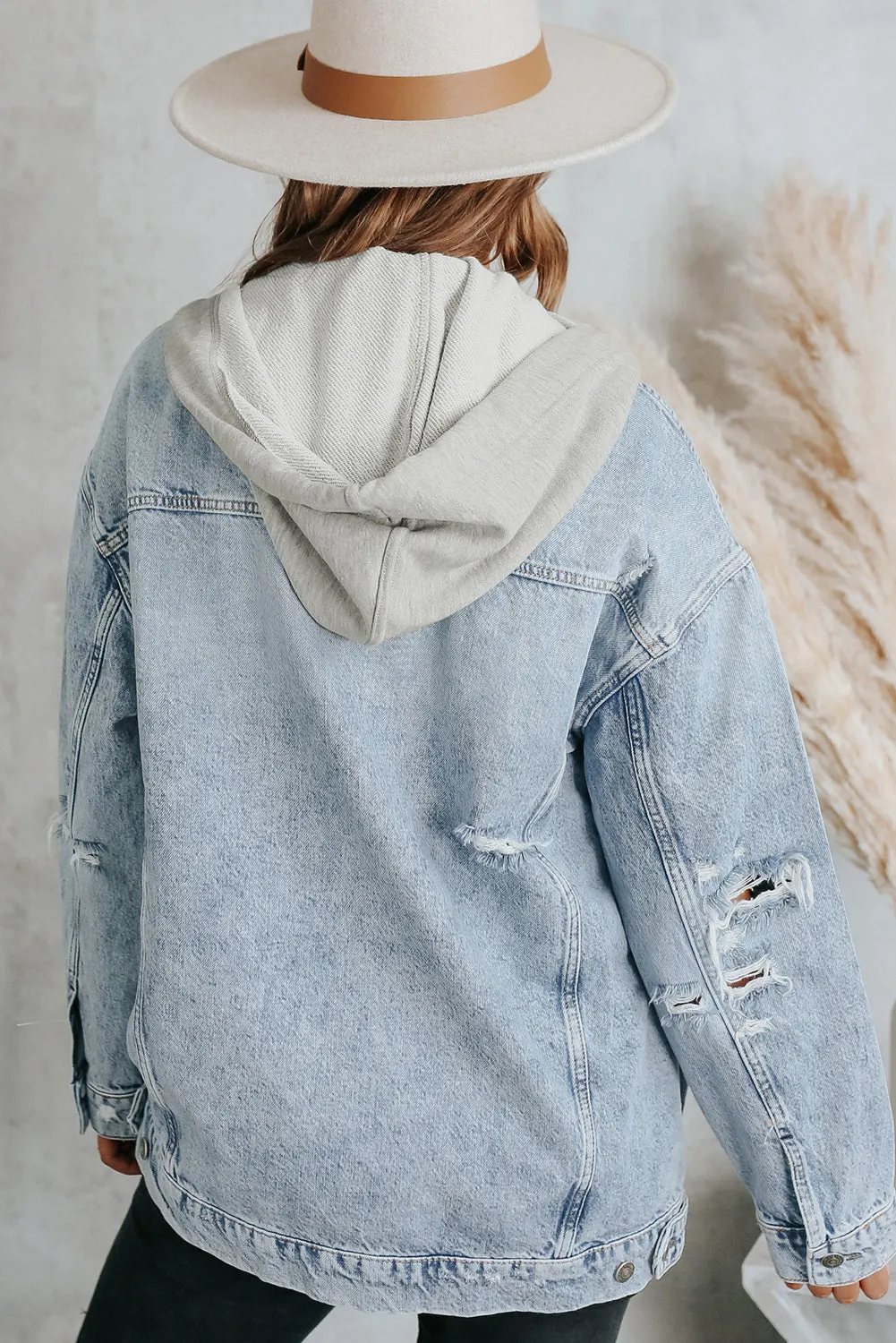 Button Closure Ripped Hooded Denim Jacket