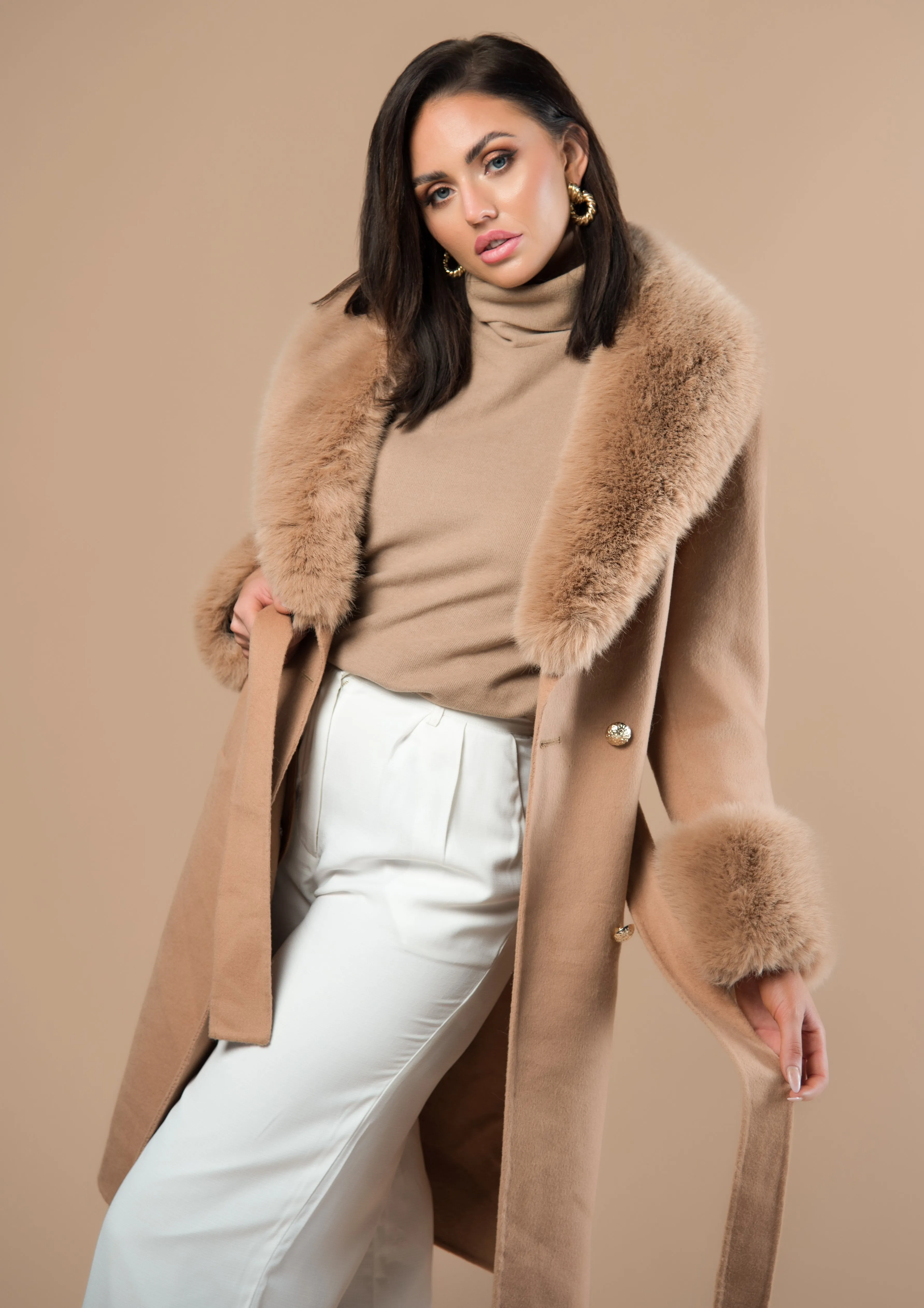 Camel Cashmere Faux Fur Coat