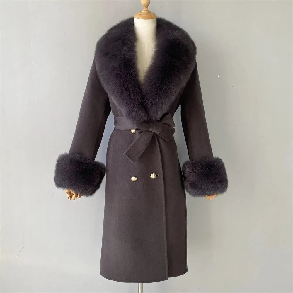 Cashmere Wool Coat with Genuine Fox Fur Trim