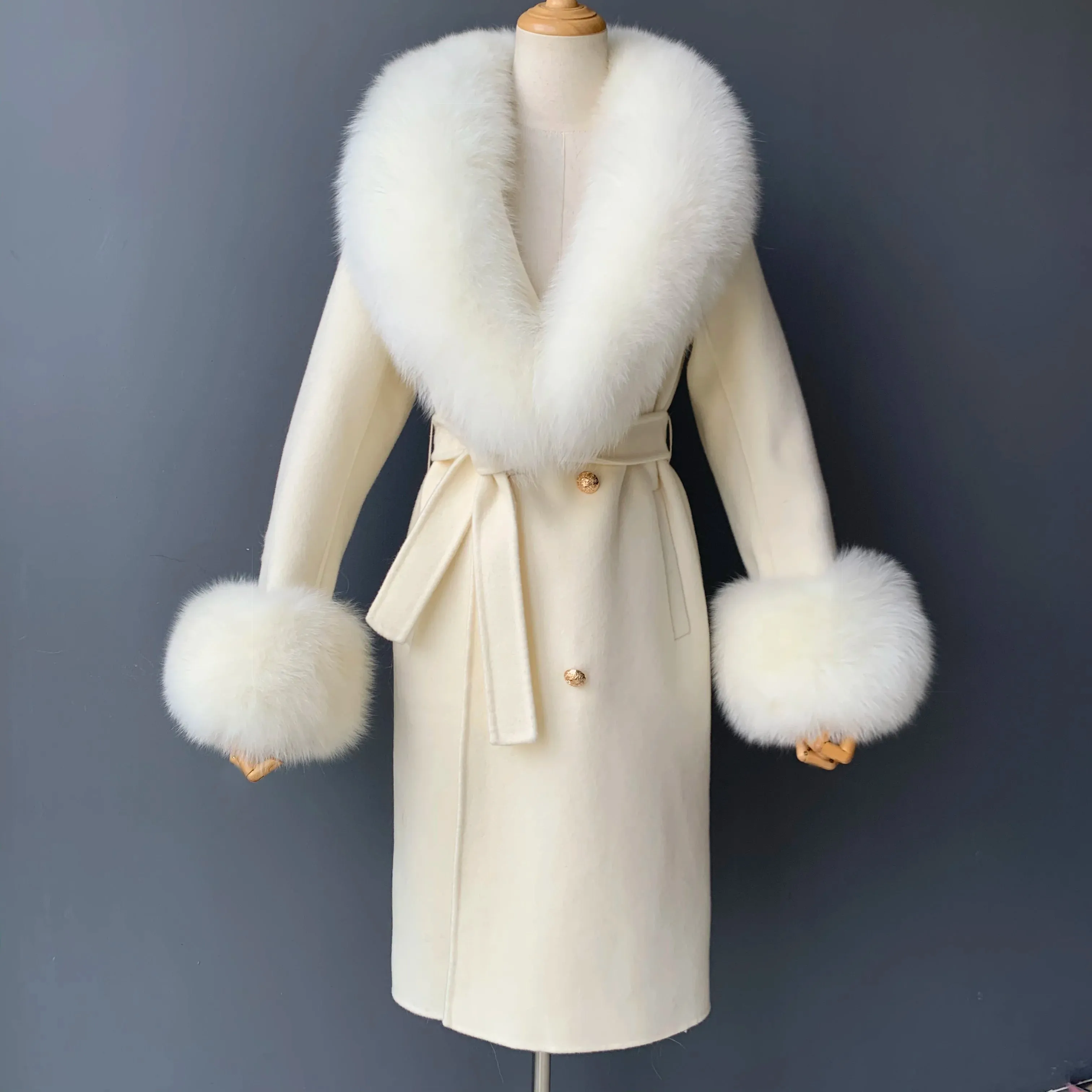 Cashmere Wool Coat with Genuine Fox Fur Trim