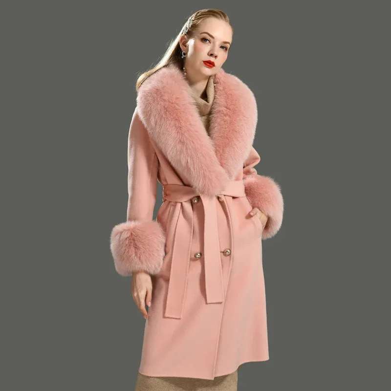 Cashmere Wool Coat with Genuine Fox Fur Trim