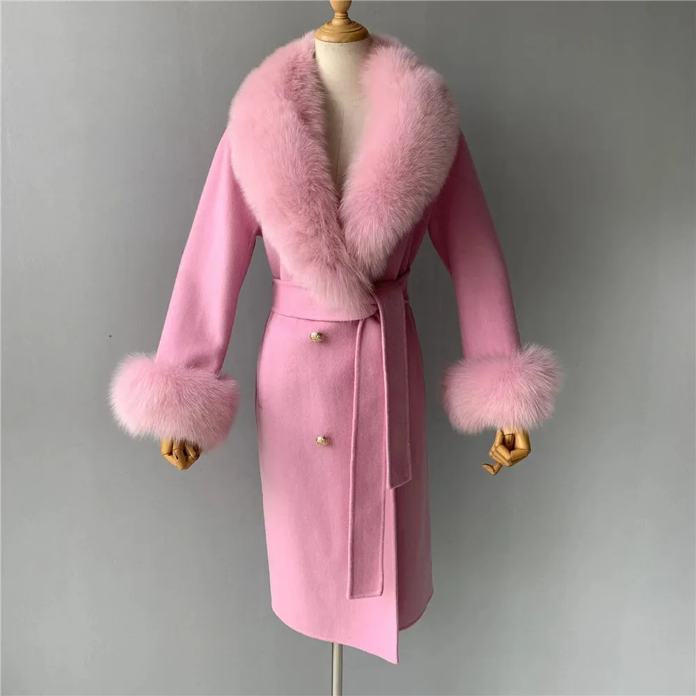 Cashmere Wool Coat with Genuine Fox Fur Trim