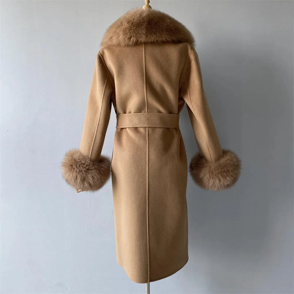 Cashmere Wool Coat with Genuine Fox Fur Trim