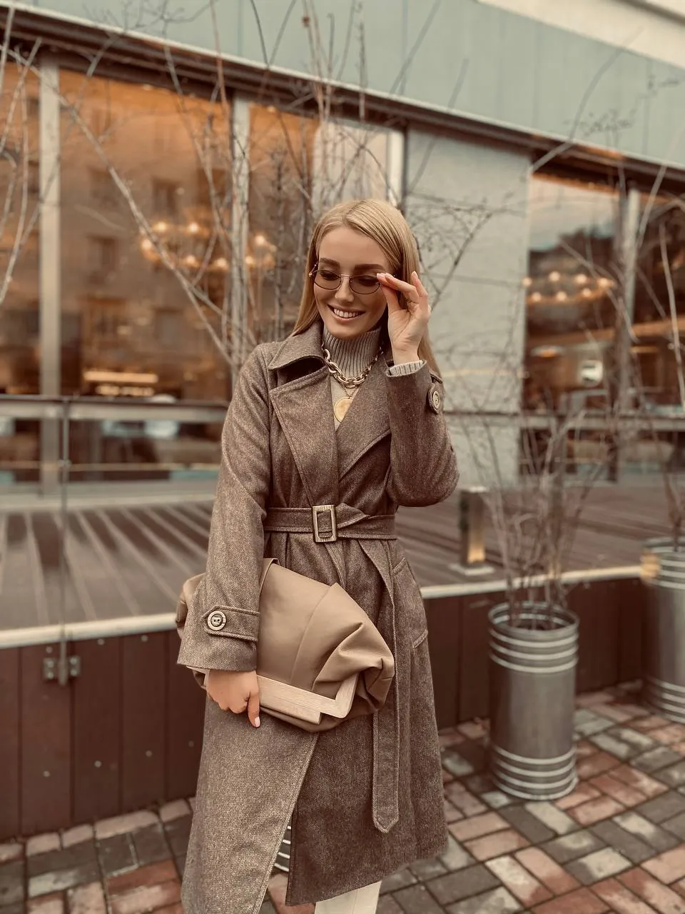 Casual Brown Wool Belted Coat