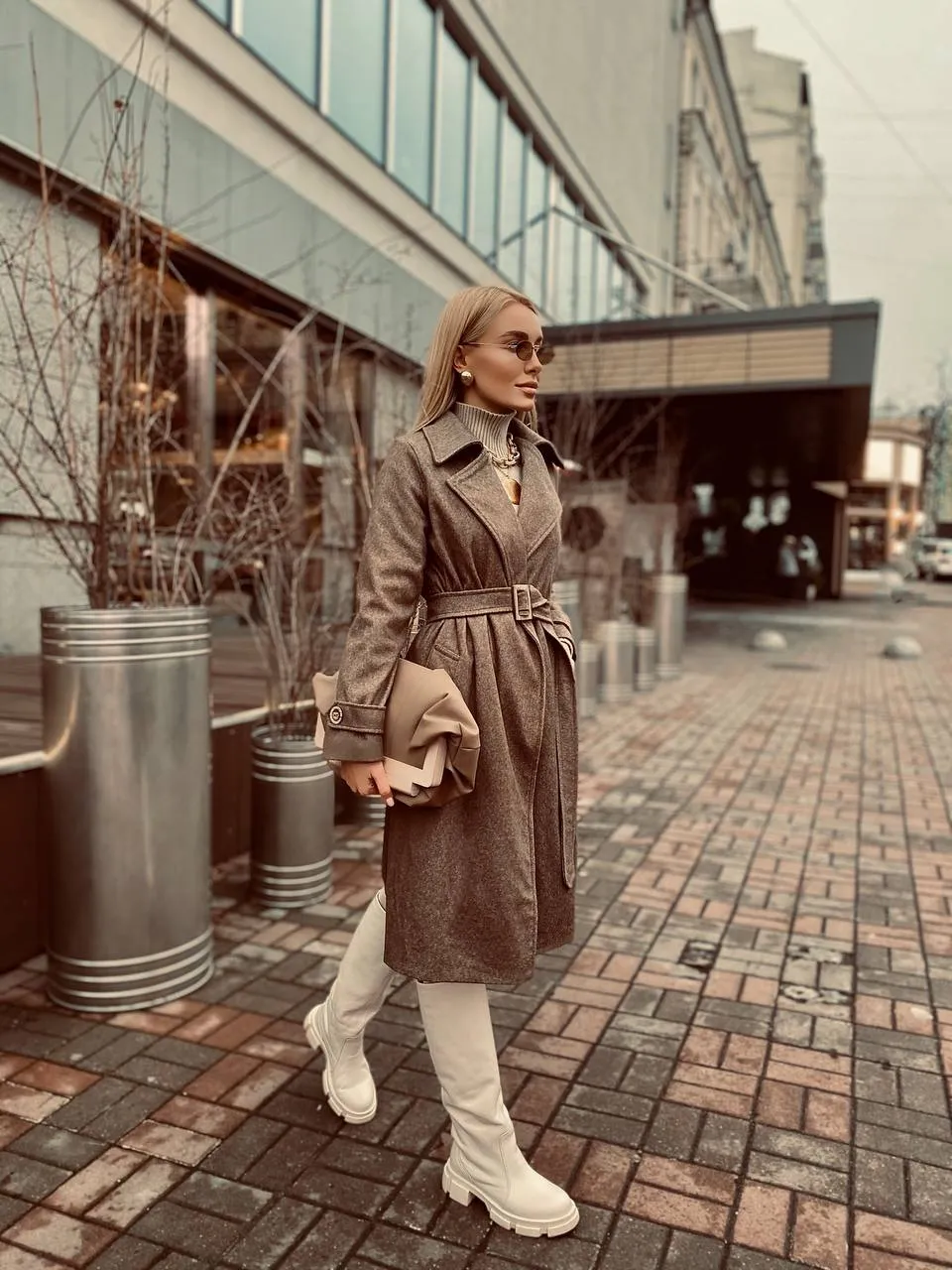 Casual Brown Wool Belted Coat