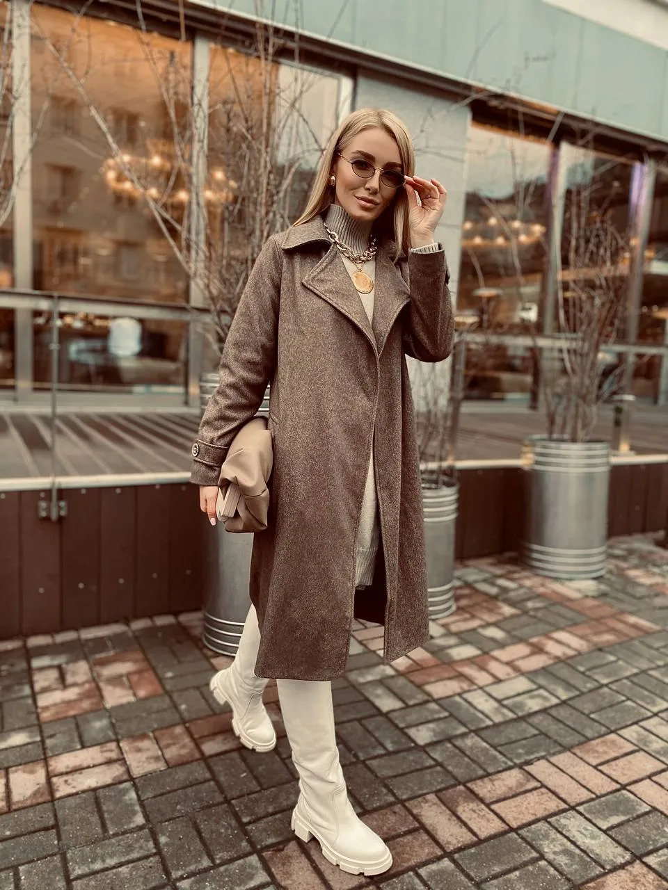 Casual Brown Wool Belted Coat