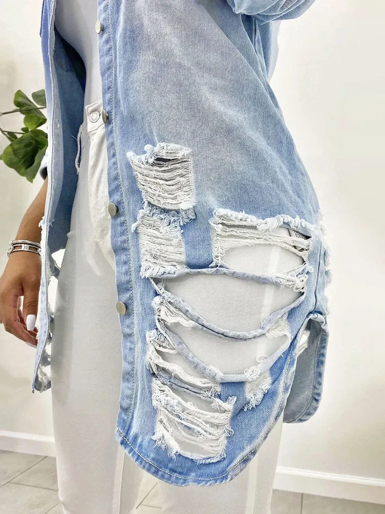 Casual Denim Long Sleeve Ripped Jacket