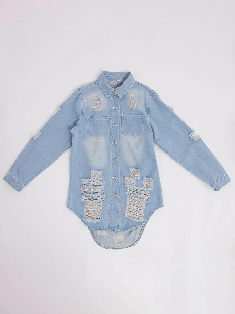 Casual Denim Long Sleeve Ripped Jacket