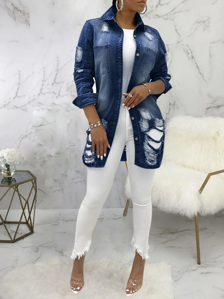 Casual Denim Long Sleeve Ripped Jacket