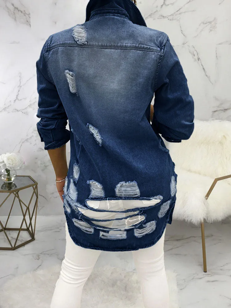 Casual Denim Long Sleeve Ripped Jacket