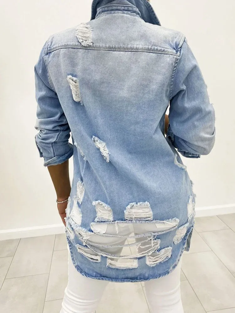 Casual Denim Long Sleeve Ripped Jacket