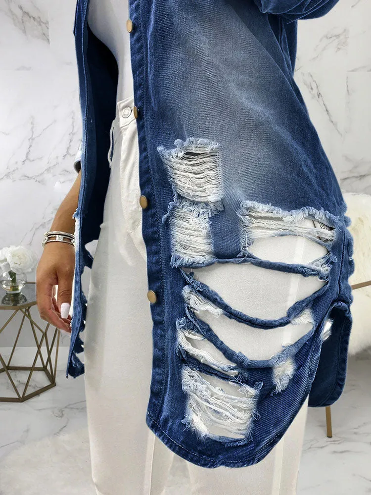 Casual Denim Long Sleeve Ripped Jacket