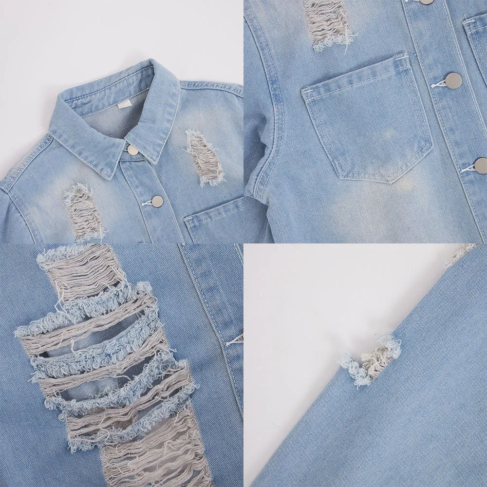 Casual Denim Long Sleeve Ripped Jacket