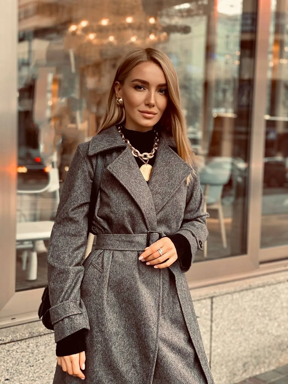 Casual Grey Wool Belted Coat