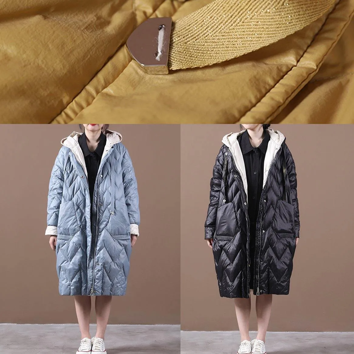 Casual Loose fitting down jacket overcoat light blue hooded zippered duck down coat