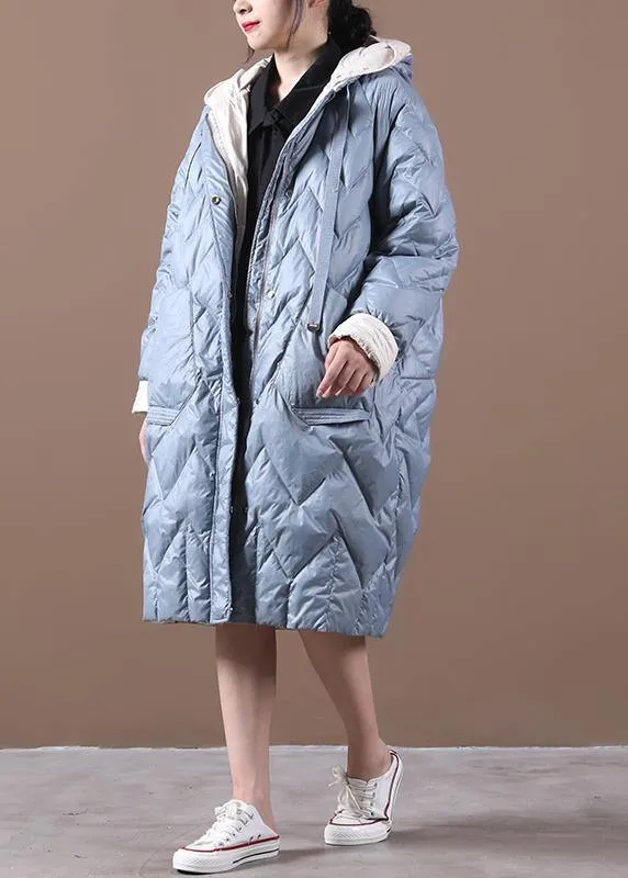 Casual Loose fitting down jacket overcoat light blue hooded zippered duck down coat