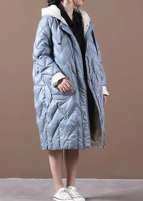 Casual Loose fitting down jacket overcoat light blue hooded zippered duck down coat