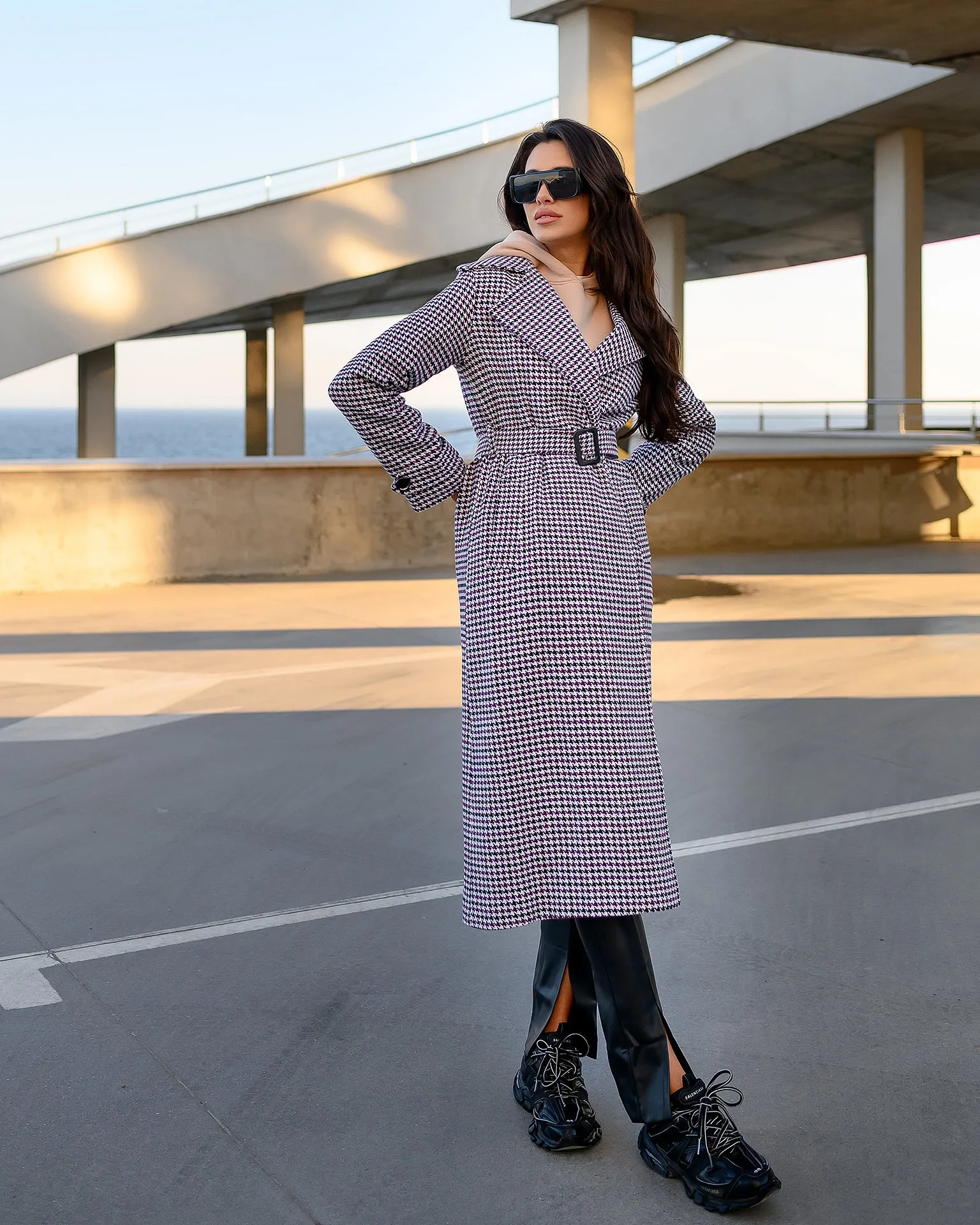 Casual Purple Checked Belted Coat