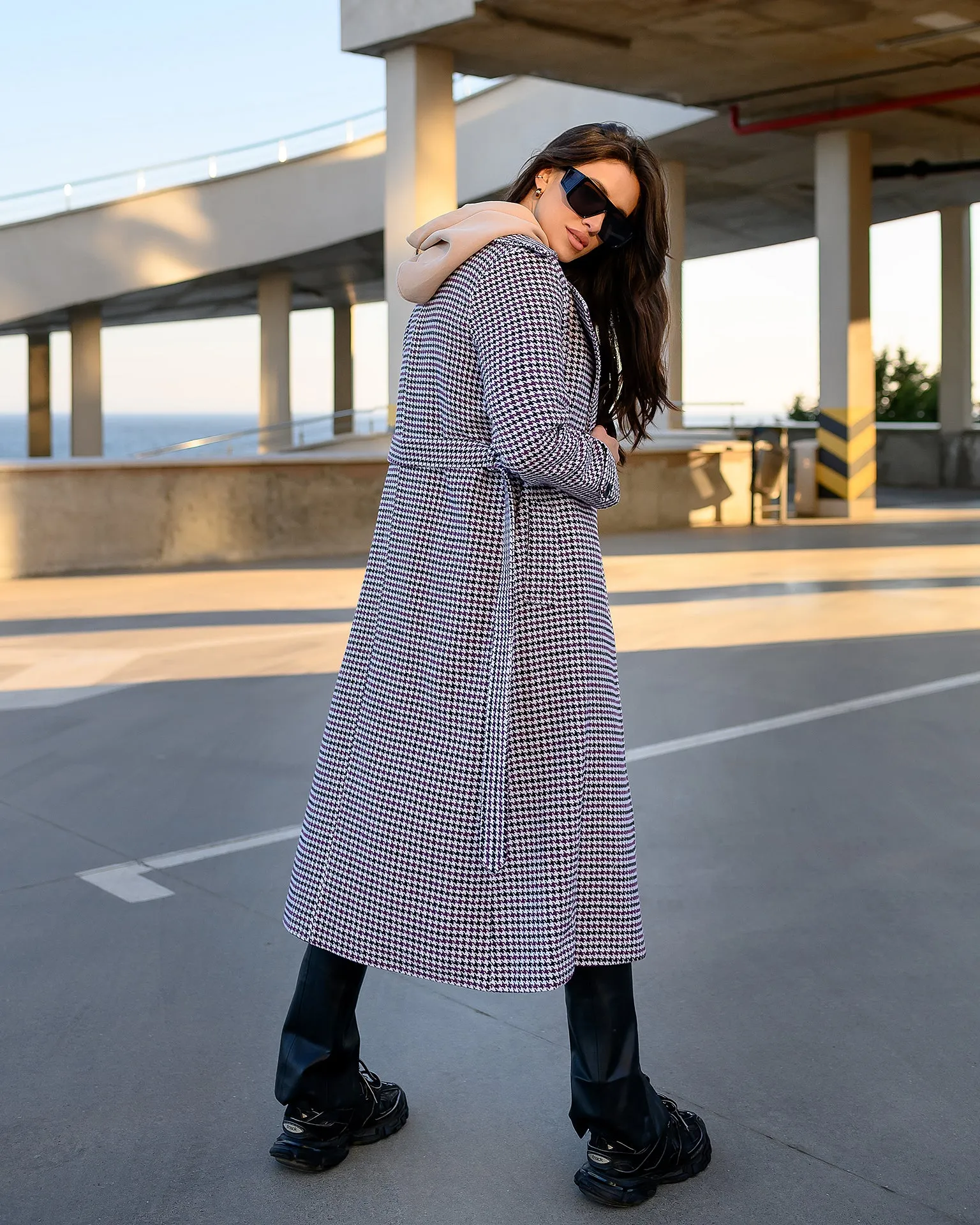 Casual Purple Checked Belted Coat