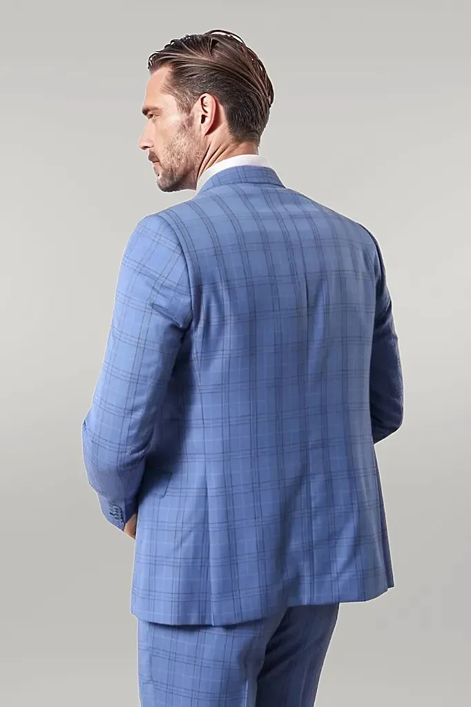 Checked Light Blue Men Suit - Wessi