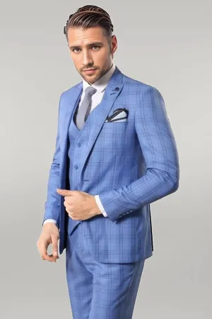 Checked Light Blue Men Suit - Wessi